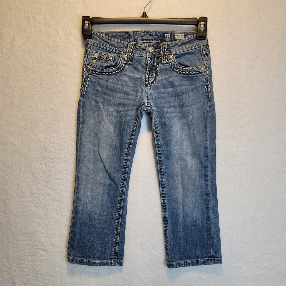 Miss Me Jeans  Girls size 14 Mid Pocket Embroidered Bling Cuffed Capri